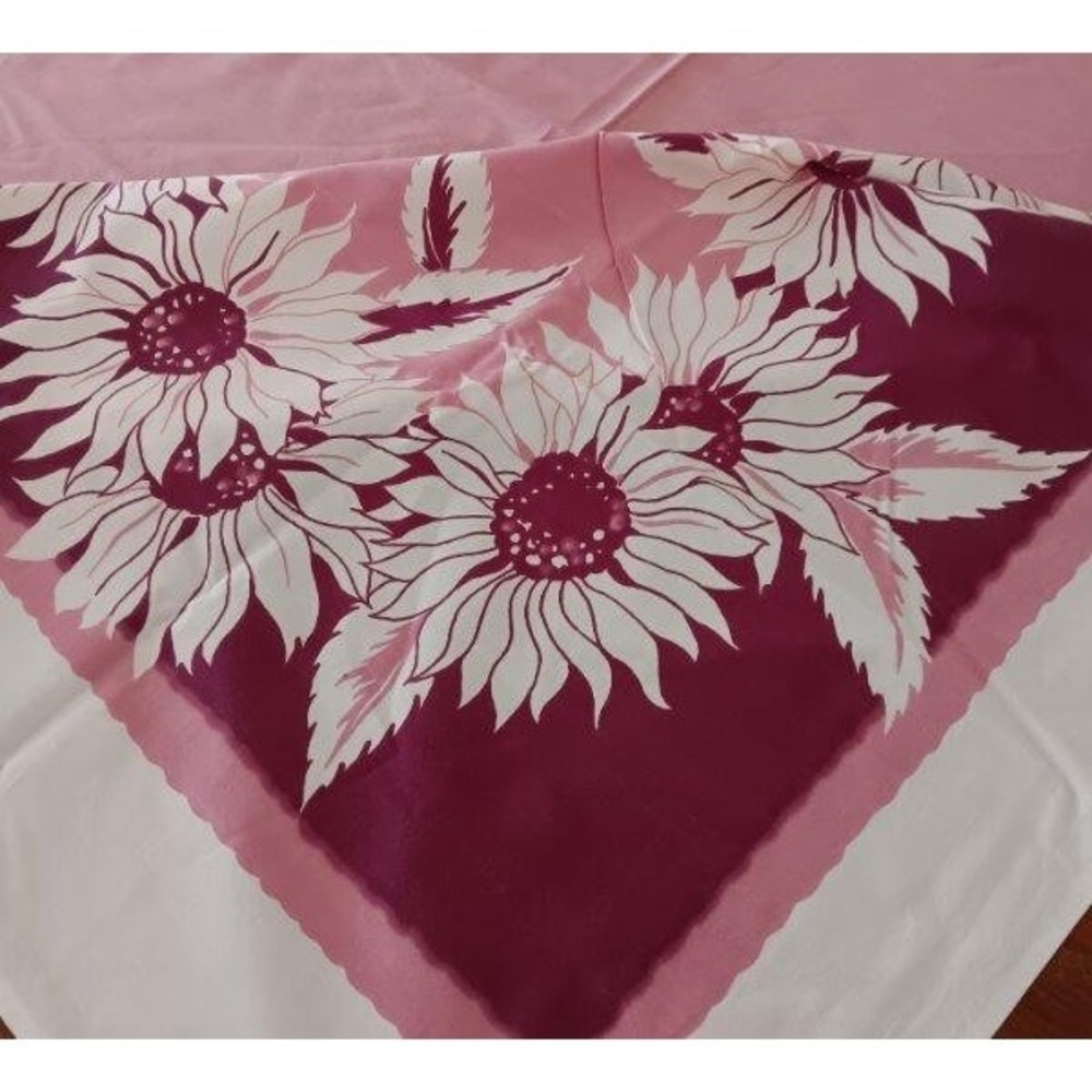 Vintage 50s Printed Cotton Tablecloth Pink Purple Retro Sunflowers 54"